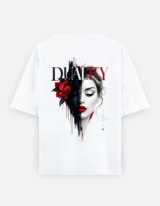 White oversized T-shirt featuring Duality artwork by Sacred Threads